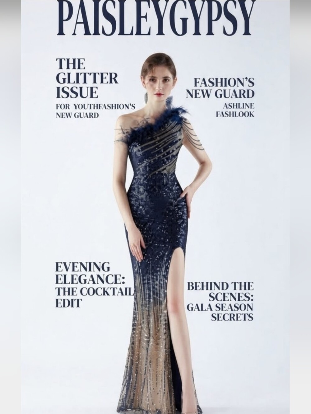 Navy, One Shoulder Beaded, Feather Neck, Sequined/ Mesh, Gradient Mermaid Gown